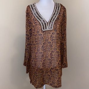 Shoreline Swim Dress Coverup S/M navy blue & tan beaded neckline